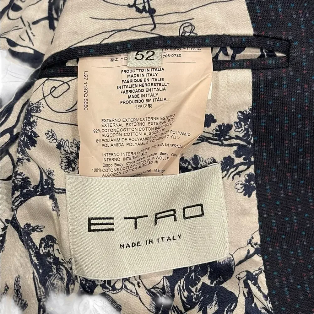 ETRO Men's Navy Blazer with Patterned Lining size:52
